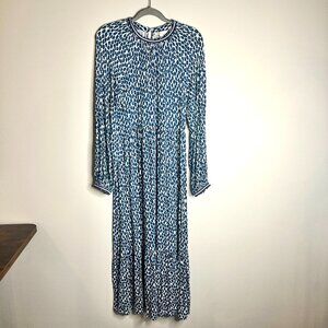 Boden Blue White Spotted Print Tiered Bohemian Midi Dress Long Sleeve Sz 8R